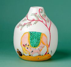 Handcrafted Ceramic Pattachitra Kamdhenu Sacred Cow Decorative Vase